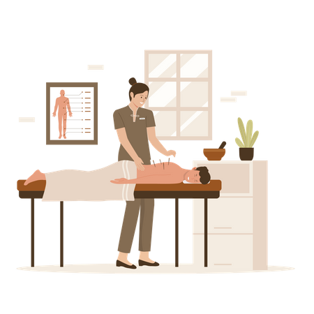 Man taking Traditional acupuncture therapy on back  Illustration