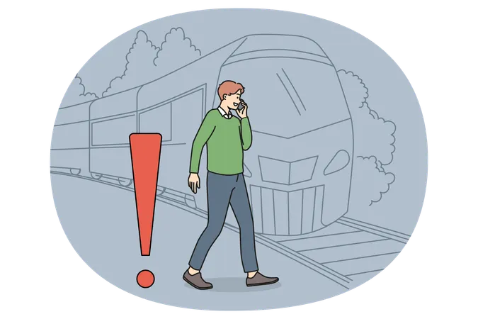 Man talk on phone ignore railroad track safety rules  Illustration