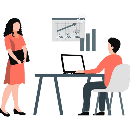 Man talking about business graph to girl  Illustration