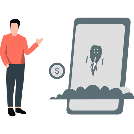 Man talking about startup rocket  Illustration