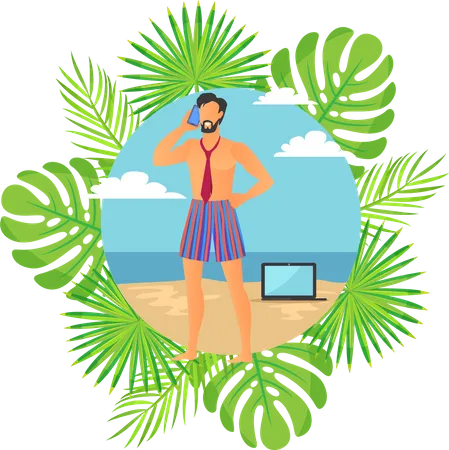 Freelancer Or Businessman Standing On Sand Framed By Palm Tree Tropical Leaves Round Boarder With Male In Tie And Shorts Speaking Phone On Seaside Vector Illustration