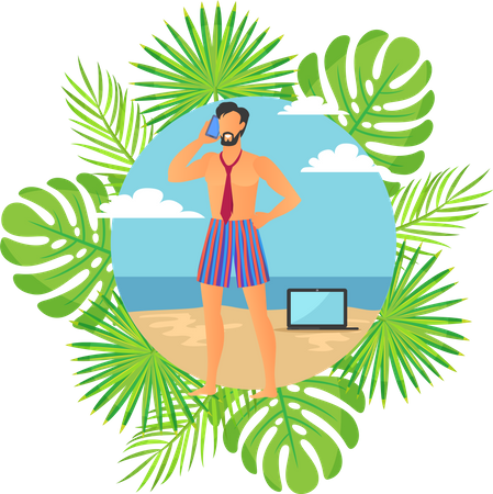 Man talking on mobile at beach  Illustration