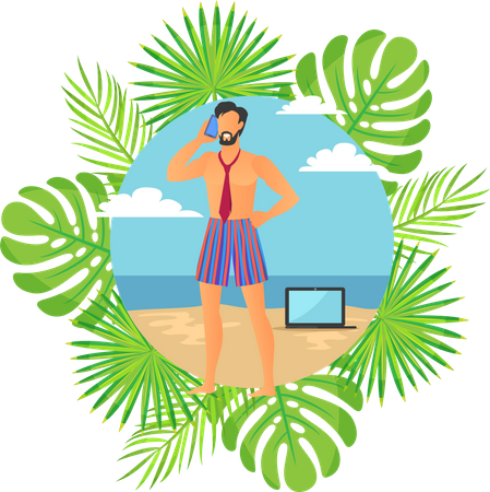 Man talking on mobile at beach  Illustration