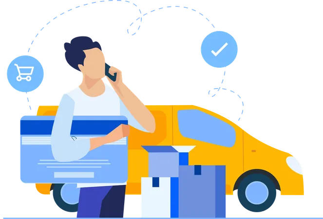 Man talking on mobile while delivered parcel  Illustration