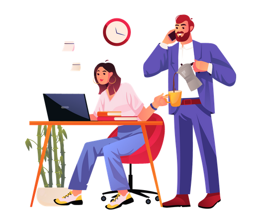 Man talking on phone and give coffee to female employee  Illustration