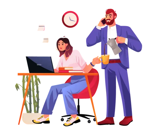 Man talking on phone and give coffee to female employee  Illustration