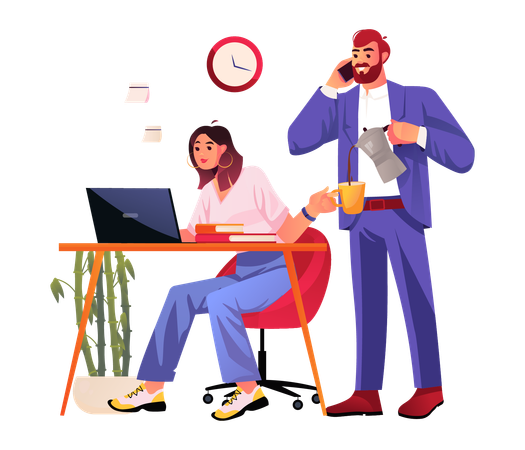 Man talking on phone and give coffee to female employee  Illustration