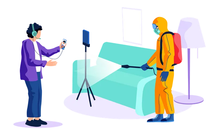 Man talking on phone while disinfection in process Illustration
