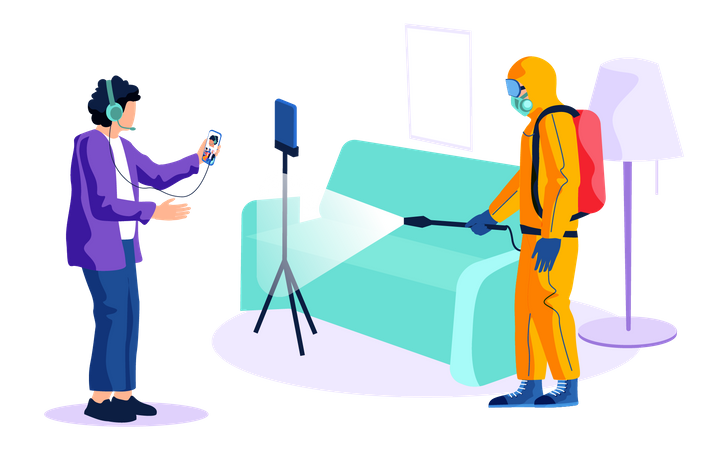 Man talking on phone while disinfection in process  Illustration