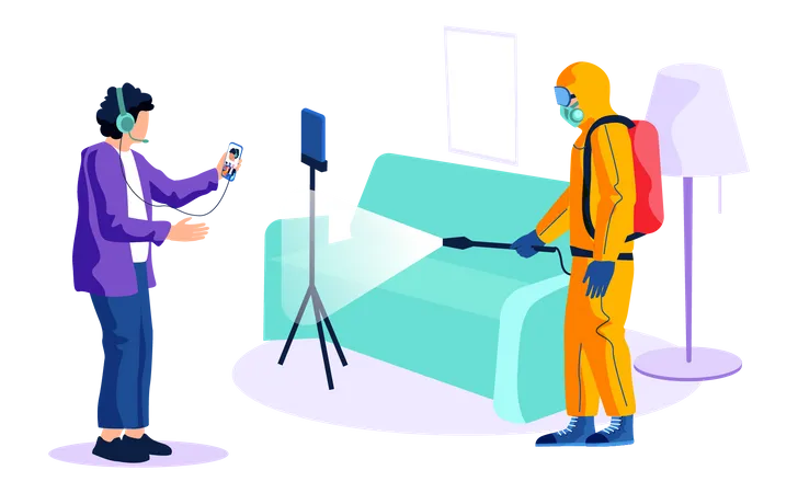 Man talking on phone while disinfection in process  Illustration