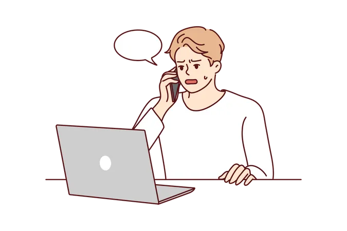 Man talking on phone with using laptop  イラスト