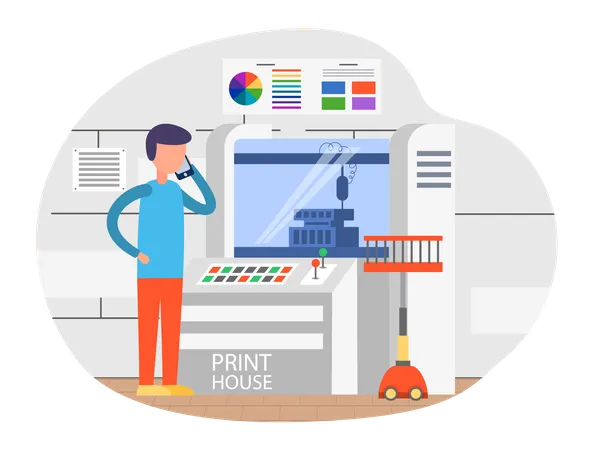 Man talking on smartphone while working with printer Illustration