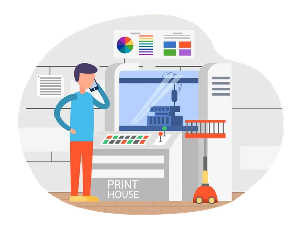 Man talking on smartphone while working with printer  Illustration