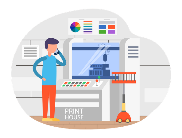 Man talking on smartphone while working with printer  Illustration