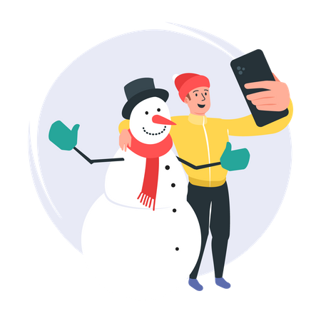 Man Talking Selfie with a snowman Illustration