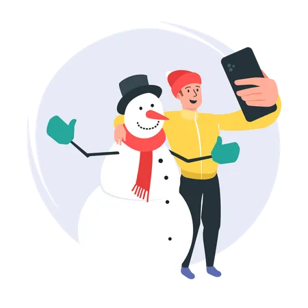 Man Talking Selfie with a snowman  Illustration