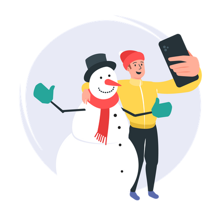 Man Talking Selfie with a snowman  Illustration