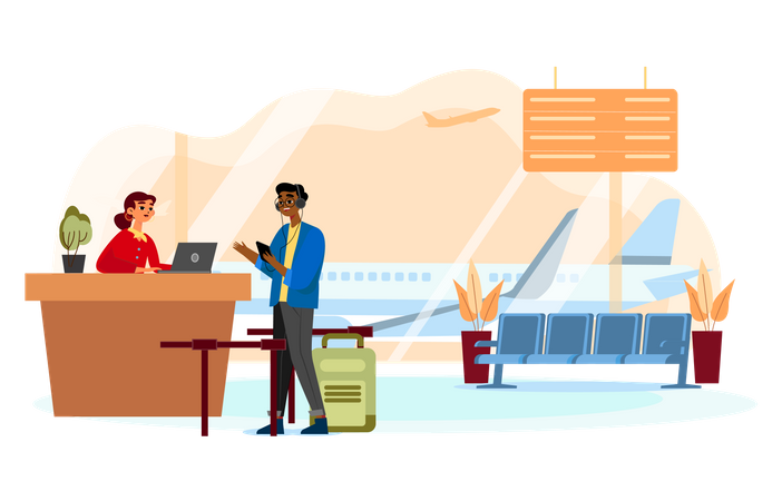 Man talking to an agent at the customer service desk at the airport  Illustration