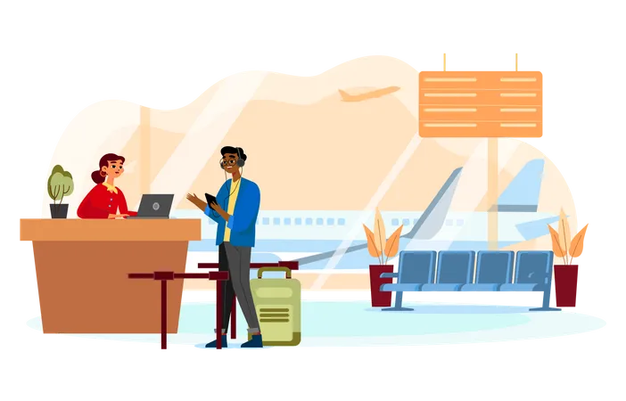 Man talking to an agent at the customer service desk at the airport  Illustration