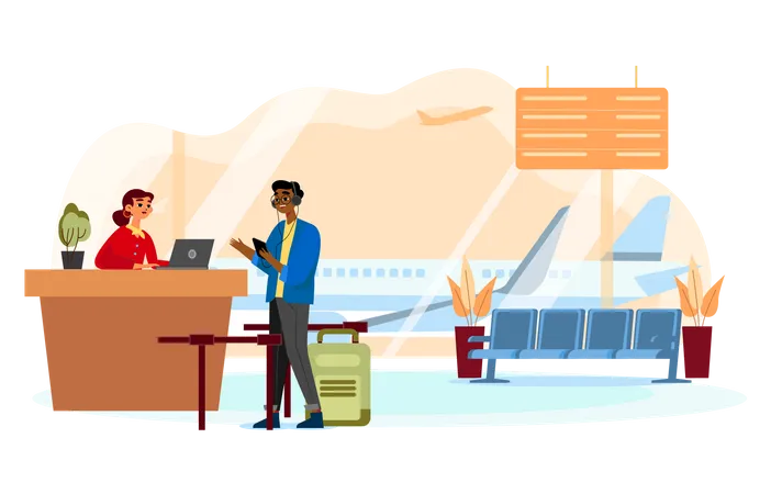 Man talking to an agent at the customer service desk at the airport Illustration