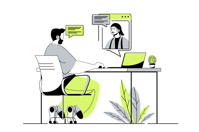 Man talking to woman by video call at laptop program  Illustration