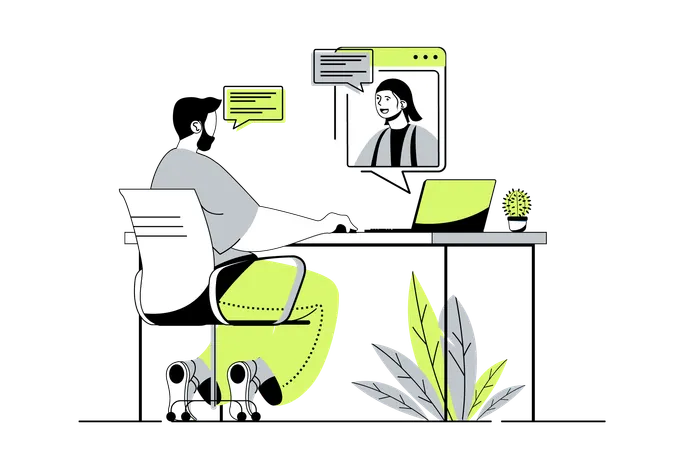 Man talking to woman by video call at laptop program  Illustration