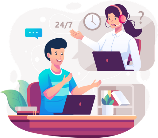 Man talking with female customer care agent Illustration