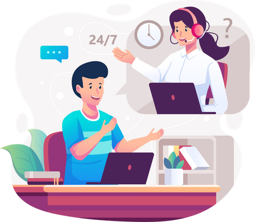 Man talking with female customer care agent  Illustration