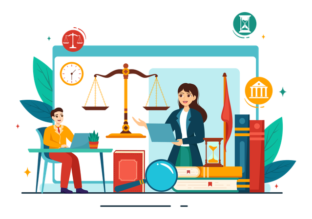 Man talking with female lawyer online  Illustration