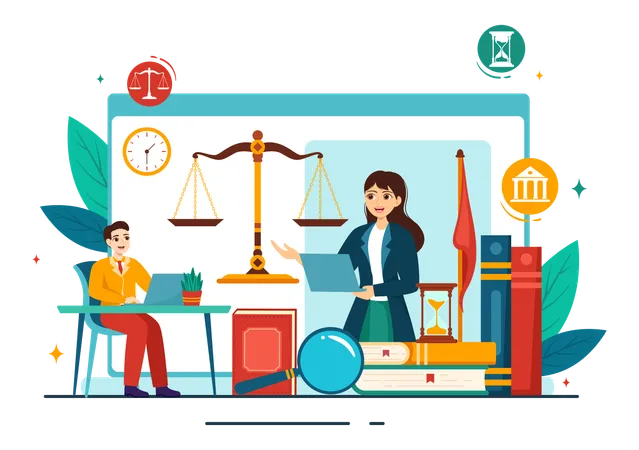 Man talking with female lawyer online  Illustration