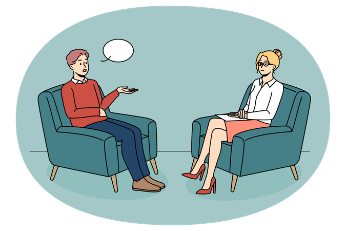 Man talking with female psychologist on session.  Illustration