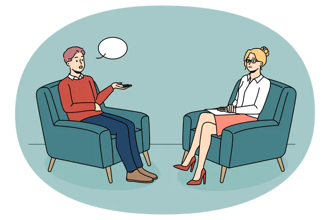 Man talking with female psychologist on session.  Illustration
