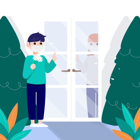 Man talking with woman throughout the door Illustration