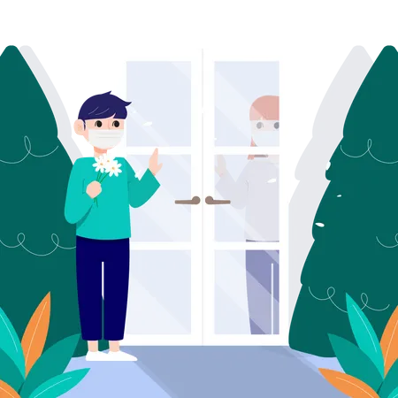 Man talking with woman throughout the door  イラスト
