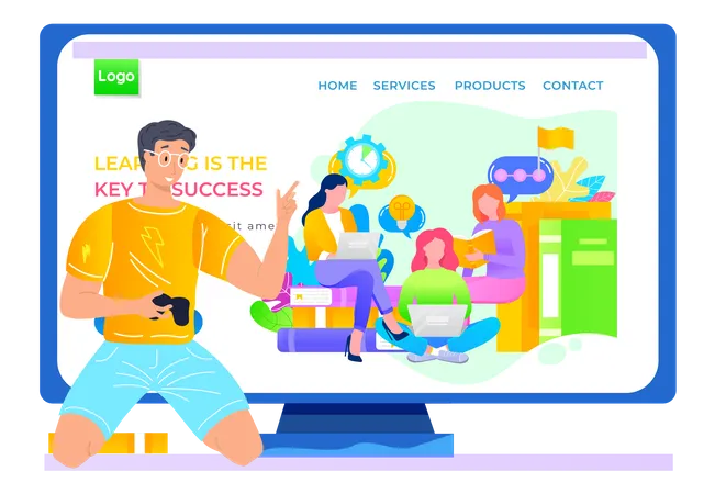 A Man Leads A Video Blog Talks About How Studying Is The Key To Success Landing Page Template Office Staff Meeting Education For Company Employees Pastime For Teenagers Reading Via The Internet Illustration