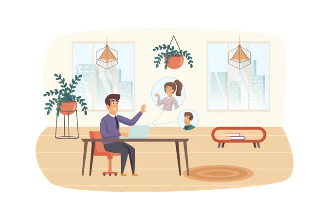 Man Talks With Colleagues On Video Conference From Home Office Scene Businessman Communicate Online With Partners Video Calling Work Concept Vector Illustration Of People Characters In Flat Design Illustration