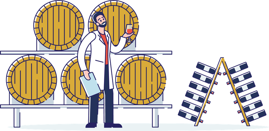 Man Tasting Wine In Cellar With Wooden Barrels Illustration