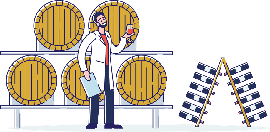 Man Tasting Wine In Cellar With Wooden Barrels  Illustration