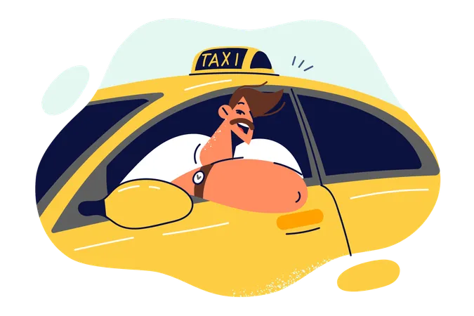Man Taxi Driver Smiles Sitting Behind Wheel And Looking Out Window Of Yellow Car For Transporting Passengers Guy Got License To Drive Taxi Recommends Taking Courses To Train Profession Of Driver Illustration