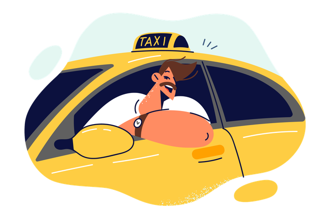 Man taxi driver smiles sitting behind and looking out window of yellow car  Illustration