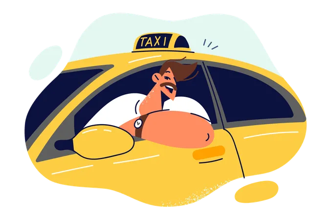 Man taxi driver smiles sitting behind and looking out window of yellow car  Illustration