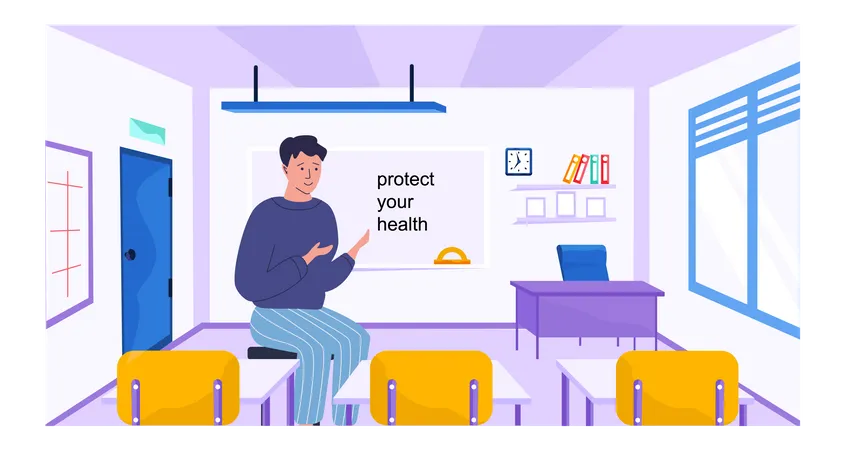 Healthy Lifestyle Concept Protect Human Health Young Man At School Conducts Medicine Lesson Teacher Talks About Taking Care Of Health Back To School Concept Male Character Teaching In Class Illustration