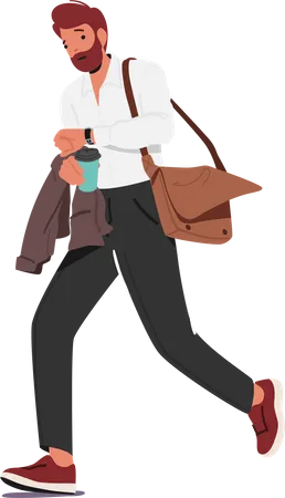 Man Teacher In A Rush At Work Carrying Coffee Cup Looking On Wrist Watch Busy And Urgent Male Character Run To School Or University To Be In Time For Lesson Start Cartoon People Vector Illustration イラスト