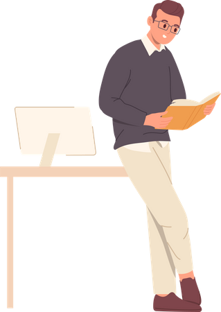 Man teacher reading book standing nearby classroom desk table  Illustration