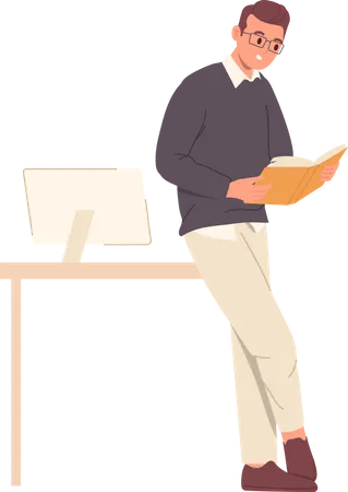 Man teacher reading book standing nearby classroom desk table  Illustration