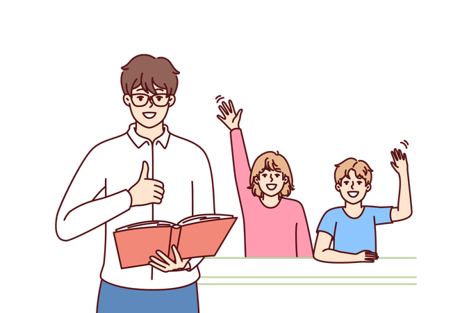 Man teacher with textbook stands near students sitting at school desk and raising hand  Illustration