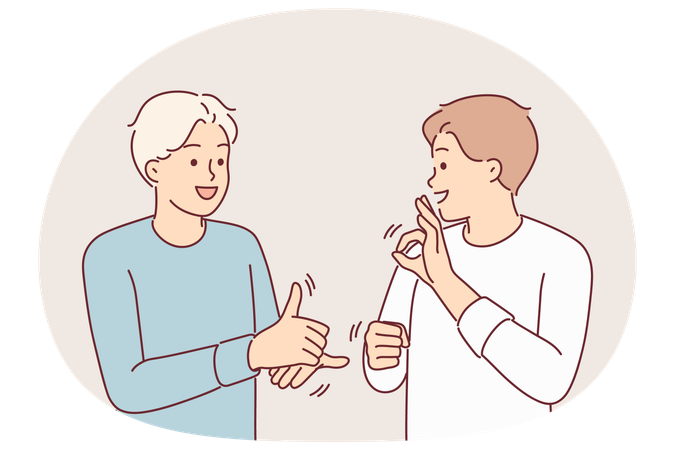 聴覚障害を持つ人々とコミュニケーションをとるために、男性が友人に手話を教える  イラスト