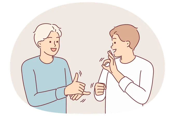 聴覚障害を持つ人々とコミュニケーションをとるために、男性が友人に手話を教える  イラスト