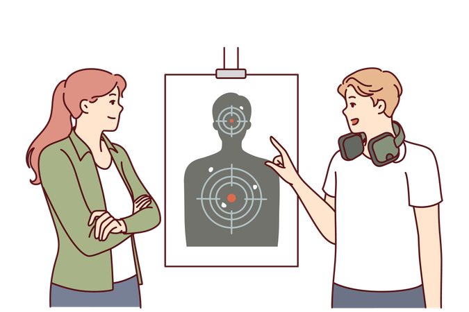 Man teaches woman how to shoot at targets  Illustration