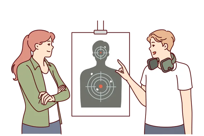 Man Teaches Woman To Shoot At Targets With Rifle Range Of Firearms For Admission To Police Academy Girl Attends Shooting Classes In Rifle Range Training To Use Pistol Or Rifle For Self Defense Illustration